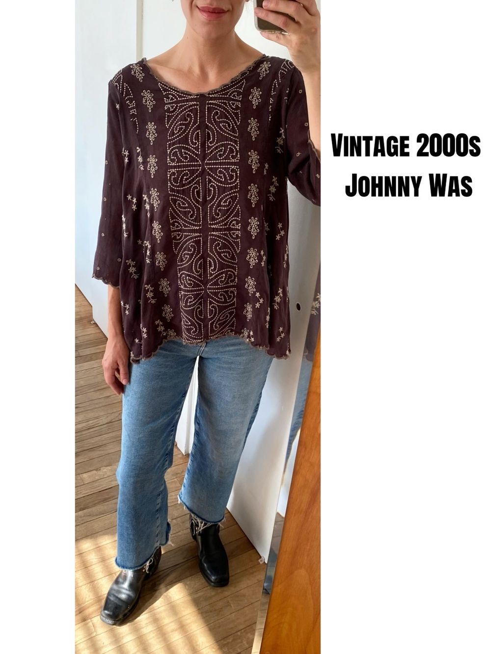 Vintage 2000s Johnny Was Embroidered Plum Boho Tunic Blouse S